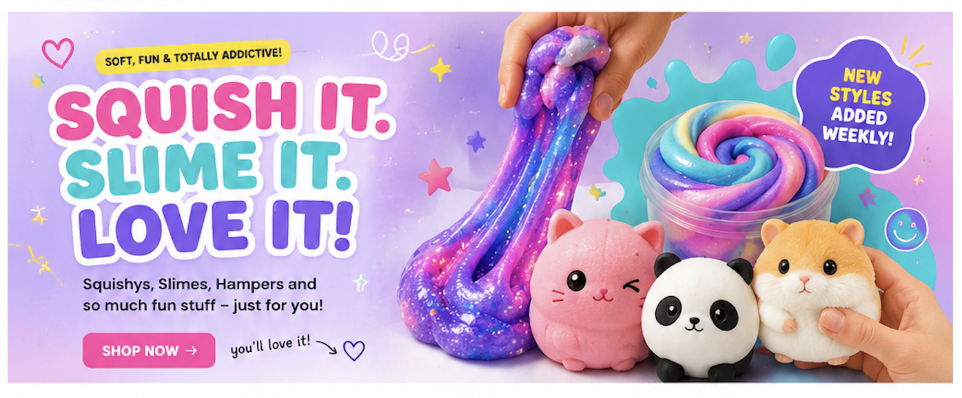Squish it. Slime it. Love it! Galaxy glitter slime, rainbow butter slime, kitty squishy, panda squishy and a fluffy hamster squishy